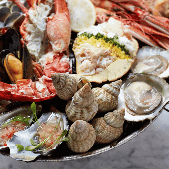 seafood platter at Bentley's Oyster Bar & Grill seafood restaurant in Mayfair, London