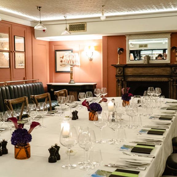 Elegant dining setup at Bentley’s Oyster Bar.