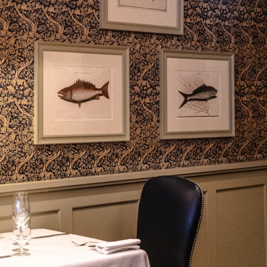 A table in the Grill Room at Bentley's seafood restaurant in Mayfair, London