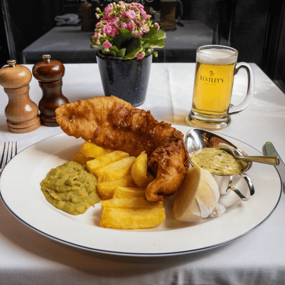 Fish and chips at Bentley's Oyster Bar & Grill seafood restaurant in Mayfair, London